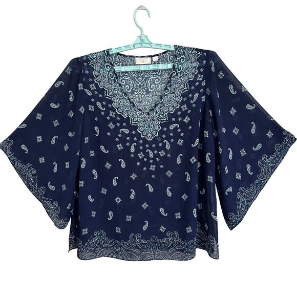 Belle Kim Gravel Tops - Belle Kim Gravel Navy & Teal Paisley Print V-Neck Sheer Blouse Top Womens L Boho